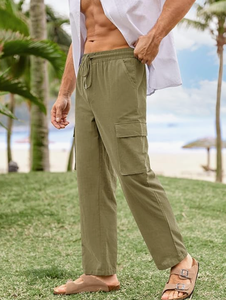 Pantalon cargo en coton vert olive pour hommes, avec cordon de serrage, taille élastique, coupe droite, léger, décontracté, respirant, pour l'été - Product Image 4
