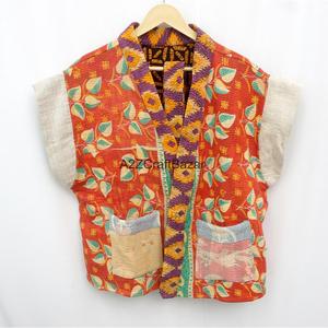 เสื้อคลุมกิโมโนงานฝีมือสไตล์วินเทจ ผ้าคันธา พร้อมเข็มขัด คอวี แขนสั้น ใส่ได้สองด้าน หลากสี สำหรับผู้หญิง - Product Image 3