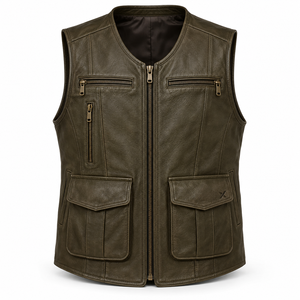 Chalecos de Cuero para Hombre con Múltiples Bolsillos y Estilo Utilitario |   Gris Oliva, Borgoña, Marrón Coñac |   Fabricante OEM ODM |   Diseño de Calidad Premium - Product Image 1