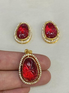Juego de Pendientes con Colgante de Piedra Tallada Roja, Chapado en Oro Amarillo de 22K, Joyería Nupcial India Tradicional, Regalo de Boda para Mujer - Product Image 2