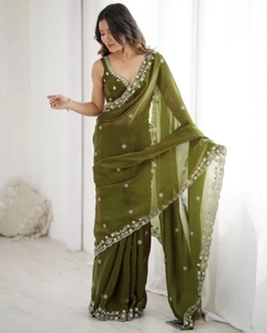 KV Women's Embroidered Floral Print Viscose <b>Silk</b> Reversible Autumn Bollywood Saree with Unstitched <b>Blouse</b> (<b>Green</b>) - Product Image 2