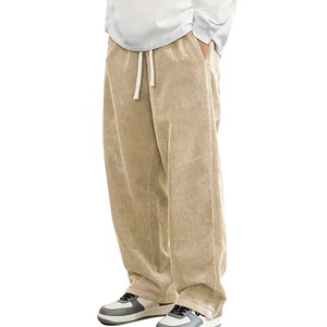 Men's Black Corduroy Wide Leg Pants <b>Elastic</b> Waist Drawstring Casual Loose Fit Straight Leg With Side Pockets Autumn Wear - Product Image 3