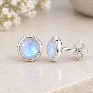 Rainbow Moonstone <b>Silver</b> <b>Stud</b> <b>Earrings</b>, Natural Rainbow Moonstone <b>Earrings</b>, 925 Sterling <b>Silver</b> Round <b>Studs</b>, Blue Flash Gemstone - Product Image 3