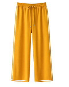 Pantalon de survêtement large jaune moutarde personnalisé pour femme avec bande latérale blanche, taille élastique et cordon de serrage, pantalon décontracté pour la détente, approvisionnement en gros OEM - Product Image 1