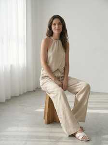 Women Solid Washed Vintage <b>Linen</b> Co-Ord <b>Set</b> Sleeveless Halter Top Wide Leg Pants Summer Resort Wear - Product Image 4