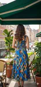 Vestido Midi Moderno para Mujer, Corte en A, Tirantes Finos, Sin Mangas, Estampado Ikat, Casual, con Botones, Azul, 100% Algodón - Product Image 2