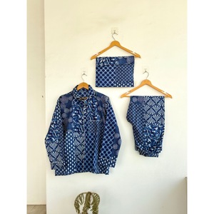 Blue Geometric Cotton Bohemian Pajama Set Long Sleeve Regular Fit V-neck Printed Breathable Eco-Friendly All Seasons Casual Wear - Product Image 2
