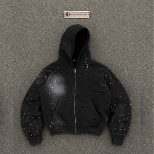 Sweat-shirt à capuche zippé noir pour homme, coupe oversize, style streetwear, en coton French Terry, imprimé par pulvérisation, design vieilli, collection automne, SOLDE - Product Image 5