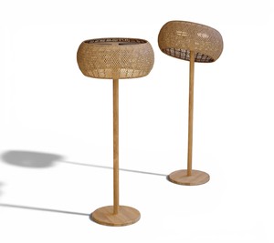 Custom Modern Woven Mesh Rattan <b>Standing</b> Floor Lamp Eco Friendly Solid Teak Wood Base Tall Lamp for Contract Furniture Supply - Product Image 2