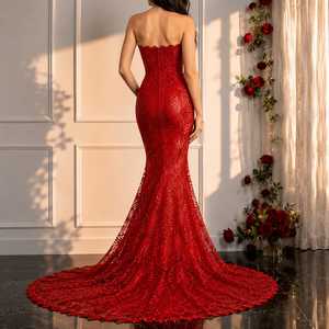 <b>Red</b> Sexy A-Line Floor-Length Evening Gown Designer <b>Sequin</b> Lace Prom Elegant Formal Party Wedding Reception Maxi Women Built-in - Product Image 3