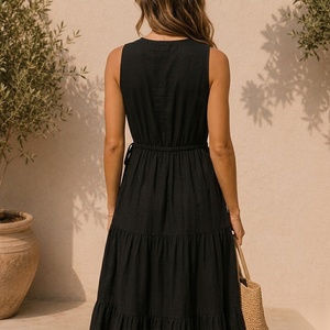 Robe midi sans manches coupe trapèze avec col noué et taille à cordon, tenue décontractée d'été - Product Image 4