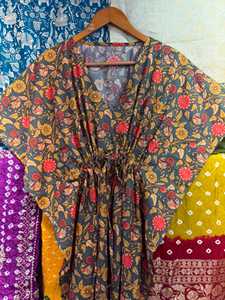 Handmade Cotton Floral Kimono Robe Oversized <b>Kaftan</b> Casual Dress Feather Trim Sustainable Natural Waist All Season Lounge Wear - Product Image 4