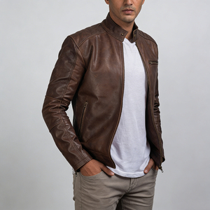 Men's <b>Brown</b> Genuine Leather Moto Jacket Stand Collar Zipper Closure Slim Fit Autumn Wear Regular Sleeve - Product Image 5