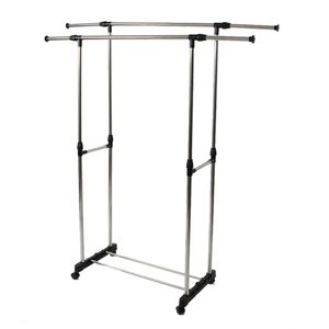 Appendiabiti a doppia barra in argento con ripiano per scarpe, supporto allungabile verticalmente e orizzontalmente, soluzione di archiviazione a doppio uso - Product Image 1