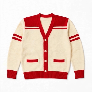 Cárdigan Varsity Personalizado para Mujer, Color Crema Carmesí, Cuello en V, Abotonado, Estilo Años 80, Inspirado en las Hermandades, Preppy a Rayas - Product Image 1