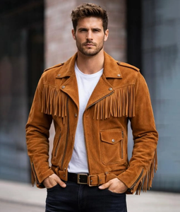 Men's Brown <b>western</b> Leather <b>Jacket</b> Fringe Decor Turn-down Collar Moto Biker Style Regular Fit Autumn Wear - Product Image 1