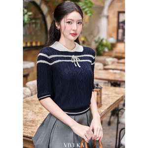 VIVI KA <b>Women's</b> Preppy Style Woven Blouse with Peter Pan Collar and Bow Detail <b>Short</b> Sleeve Winter Top 100% Polyester Polka Dot - Product Image 3