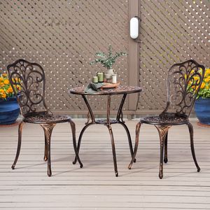 Set Bistrot da Esterno in Alluminio Pressofuso per Tutte le Stagioni, 3 Pezzi, con Tavolo in Legno di Acacia per Giardino, Cortile, Balcone (Design Farfalla) - Product Image 2