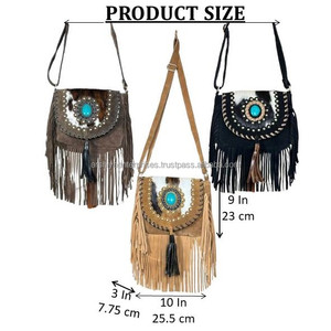 New Western Style Hair on Hide Fur Suede Leather Fringe <b>Bag</b> High Quality Boho Women Leather Shoulder <b>Bag</b> With Turquoise Stone - Product Image 2