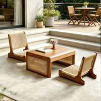 Ensemble de chaise de sol en bois massif et table basse en rotin de style Japandi Zen moderne, mobilier de méditation minimaliste pour la maison et le salon