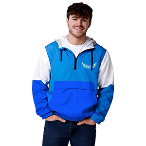 <b>Men's</b> Blue White Color Block Hooded Quarter Zip Windproof Sport <b>Jacket</b> With Logo Front Pocket Design - Product Image 6