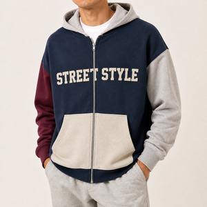 Sweat à capuche unisexe 100 % coton French Terry, color block, fermeture éclair, manches contrastantes, lettrage appliqué, style streetwear, poche avant, coupe ample - Product Image 3