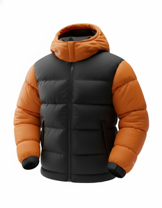 Blouson matelassé imperméable noir et orange pour homme, à capuche, chaud pour l'hiver, zippé, style streetwear, coupe ajustée, avec logo frontal - Product Image 1