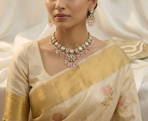 Ensemble de collier et boucles d'oreilles en quartz rose plaqué or de luxe, avec perles Polki, bijoux de mariage traditionnels indiens pour la mariée - Product Image 6