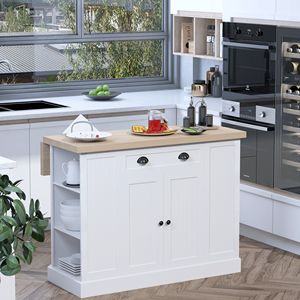 "Modern <b>Freestanding</b> <b>Kitchen</b> Cart with Oak Top Steel Frame Drop Leaf & Adjustable Shelves-White" - Product Image 2