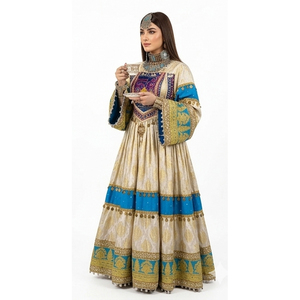 Beige Silk <b>Blue</b> And Gold Embroidery Floor Length Loose Fit Women Traditional Indian Pakistani Wedding Wear Afghan Kuchi Dresses - Product Image 1