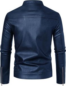 <b>Men's</b> PU Leather <b>Safari</b> <b>Jacket</b> Stand Collar Zipper Closure Solid Navy Blue Regular Length Autumn Wear Slim Fit Waterproof Front - Product Image 4