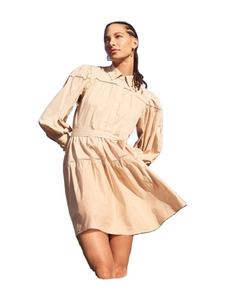 2026 Organic Cotton Shirt Dress With Trim in Sand tiered skirt with a <b>belted</b> waist and collared neckline - Product Image 1