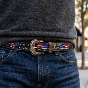 Unisex Premium Western <b>Belt</b> American Flag Grain Leather <b>Belt</b> with USA Stars & Stripes Design Vintage Engraved <b>Silver</b> <b>Buckle</b> - Product Image 4