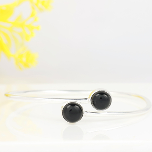Wholesale Handmade 925 Sterling Silver Plated Natural Black Onyx Gemstone Two <b>Stone</b> Cabochon Bypass Bangle <b>Bracelet</b> Elegant - Product Image 3