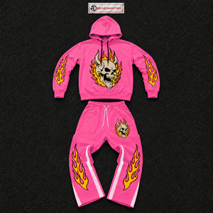 Ensemble de survêtement Rose Flamme Crâne pour Homme : Sweat à Capuche et Jogger Imprimés, Style Streetwear Gothique, Motif Squelette de Feu, Pull Assorti - Product Image 5