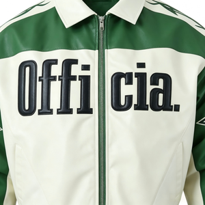 Blouson de moto imperméable en cuir PU pour homme TITAN TREAD WEAR, vert et blanc, avec fermeture éclair sur le devant et imprimé lettres, style motard - Product Image 3