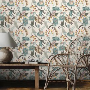Carta da Parati Adesiva Vintage Botanica Beige Crema con Uccelli e Foglie Verdi, Facile da Installare, Decorazione Murale - Product Image 2