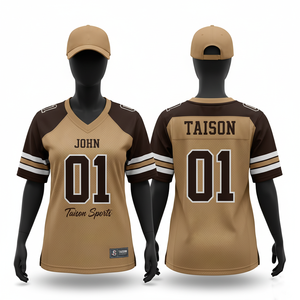 เสื้อฟุตบอลอเมริกันหญิง ผ้าโพลีเอสเตอร์ตาข่ายพรีเมียม 180GSM สีครีมขาวแดงเลือดหมู แถบแขนเสื้อแบบมีลาย  โลโก้แบบซับลิเมชั่นสั่งทำได้ - Product Image 5