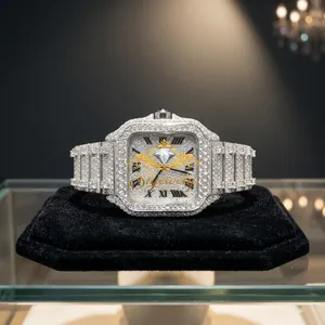 Reloj de Lujo para Hombre con Incrustaciones de Diamantes, Acero Inoxidable, Rectangular, Cuarzo, Esfera con Números Romanos, Cristal de Zafiro, 20mm, 3BAR Resistente al Agua - Product Image 4