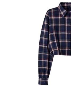 Chemisier court personnalisé bleu marine à carreaux pour femme, col rabattu, manches longues, boutonné, décontracté, fabrication sur mesure - Product Image 3