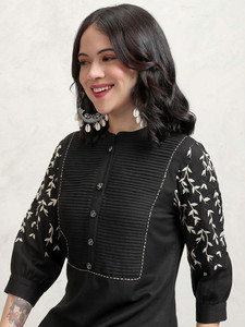 Black Cotton Quick Dry Knee-Length <b>Kurta</b> Set Embroidered Sleeves Pleated Front <b>for</b> <b>Women</b> Casual Summer Wear India Pakistan Style - Product Image 5