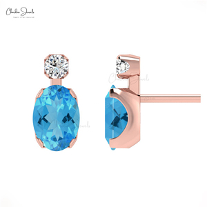 Pendientes de Oro Sólido de 14K con Topacio Azul Suizo Natural y Diamantes, Corte Ovalado 7x5mm, Cierre a Presión, Regalo de Piedra de Nacimiento de Diciembre para Mujer - Product Image 3