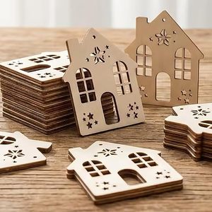 Small Handmade <b>Christmas</b> Wooden House Tag Paintable DIY Hanging Ornament <b>Gift</b> Label Bells for Holiday Party Favor Decoration - Product Image 4