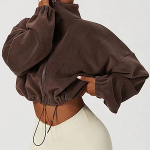 Sweat-shirt court oversize tendance pour femme 2026 en polaire marron, col roulé, manches bouffantes, fermeture éclair sur le devant, pour l'automne, OEM - Product Image 1