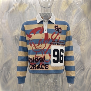 เสื้อโปโลแขนยาวลายทาง Snowgrace คอปกพับได้ ยูนิเซ็กส์ ผู้ใหญ่ ทรงปกติ ใส่ได้ทุกฤดู พิมพ์ลายโลโก้ด้านหน้า - Product Image 3