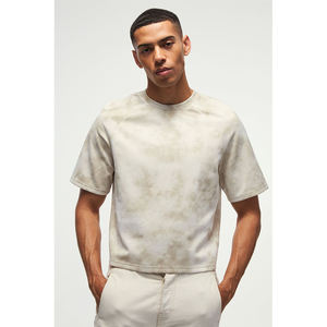 T-shirt pour homme en coton délavé beige clair, manches courtes, coupe classique, style minimaliste, logo personnalisé - Product Image 1