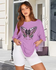 T-shirt ample à manches courtes et col rond pour femme, imprimé papillon violet, coupe décontractée, printemps-été - Product Image 4