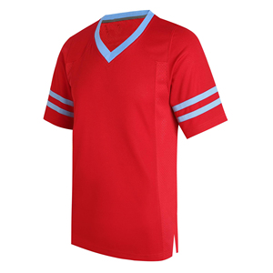 Maillot de football pour homme BRG, col en V rouge, manches courtes, avec rayures bleu clair, tissu en maille respirant, coupe classique - Product Image 1