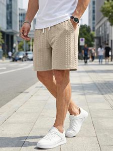 Men's Beige Quilted Bermuda Shorts With Drawstring Waist And Pockets Casual Style Cotton Fabric Mid Rise Short Pants - Product Image 2