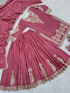 Conjunto de Traje Sharara para Mujer con Bordado Dorado, Vestido de Boda Tradicional Indio Pakistaní, Traje de Poliéster Largo Hasta el Suelo - Product Image 1